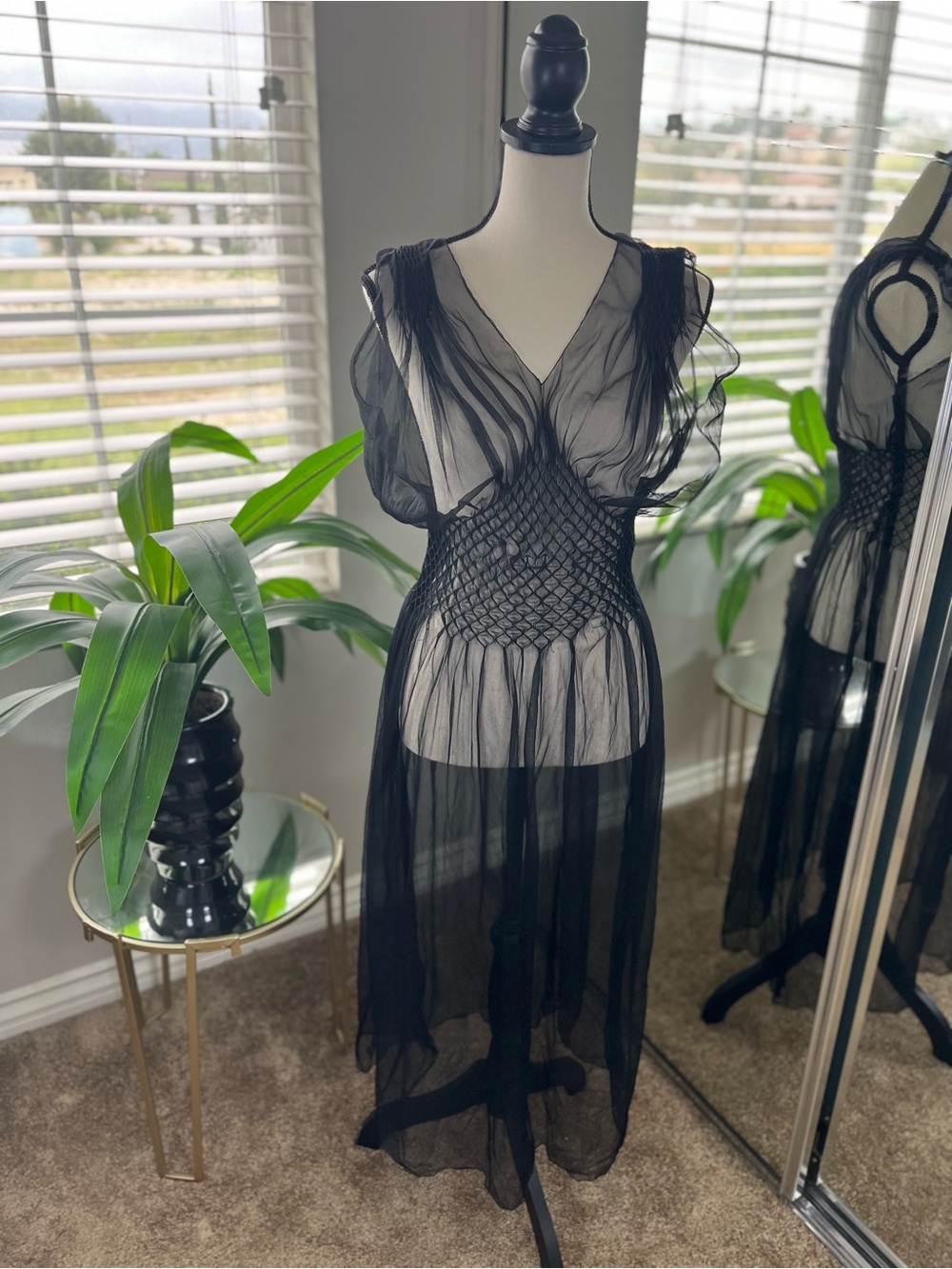 Vintage Sheer Black Maxi Dress with Smocked Waist Size Medium